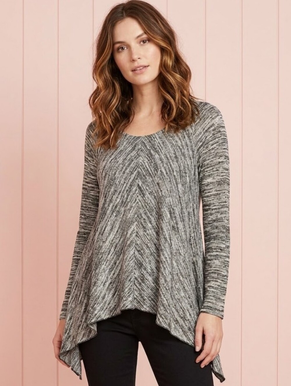 Veronica M Tunic Large Handkerchief Hem Swing Style Marbled Knit Space Dye